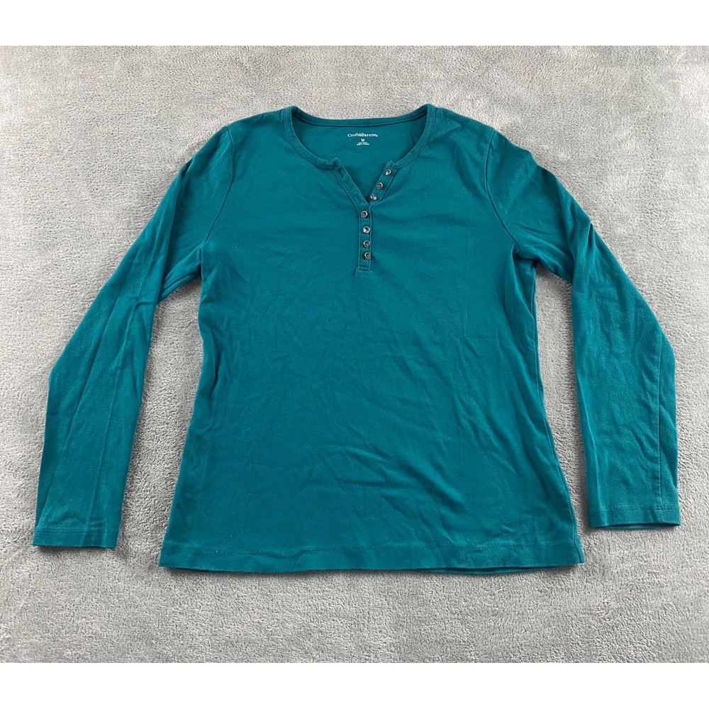 Croft & Barrow Womens M Teal Blue 100% Cotton Long Sleeve Henley Button‎ Top